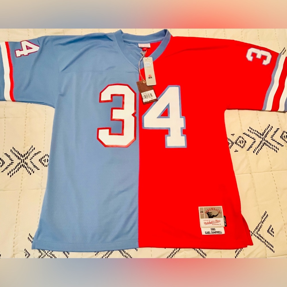 NWT Mitchell & Ness Throwback Earl Campbell Hou. Oilers Split Jersey Mens 2XL.